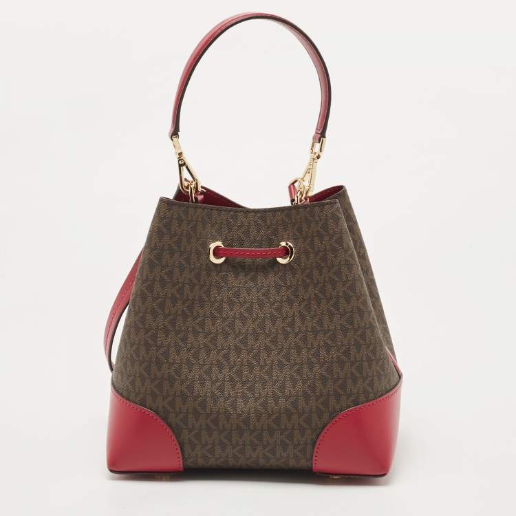 Pre Owned Michael Kors Magenta/Dark Brown Signature Coated Canvas and Leather Small Mercer Bucket Bag 