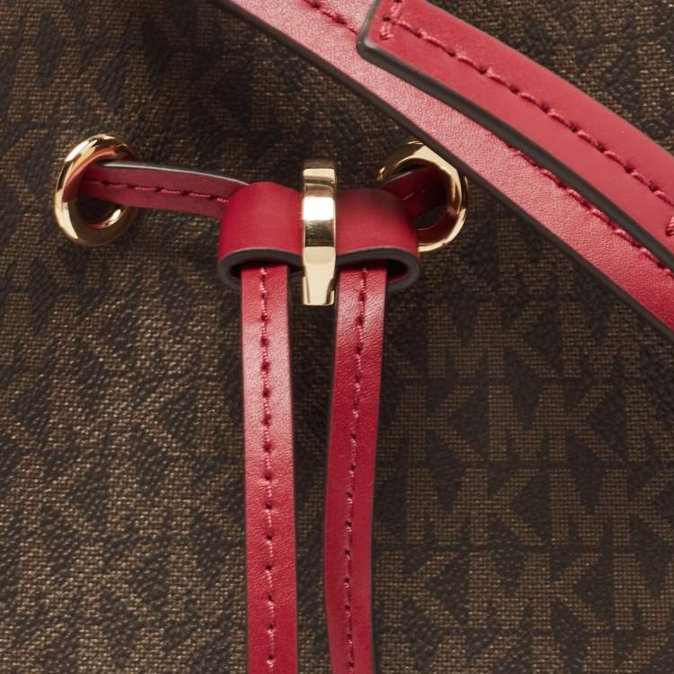 Pre Owned Michael Kors Magenta/Dark Brown Signature Coated Canvas and Leather Small Mercer Bucket Bag 