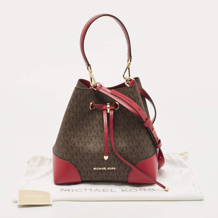 Pre Owned Michael Kors Magenta/Dark Brown Signature Coated Canvas and Leather Small Mercer Bucket Bag 