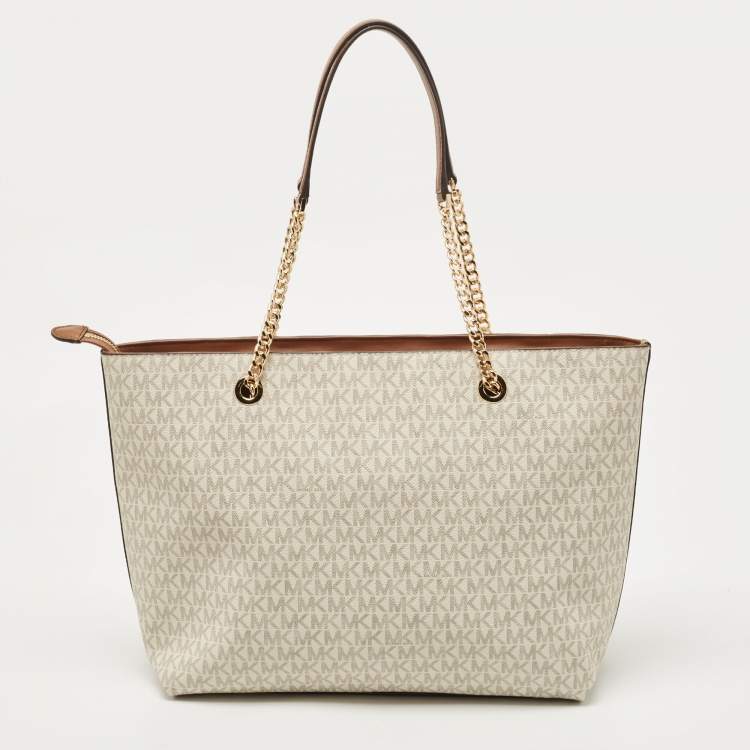 Pre Owned Michael Kors White/Brown Signature Coated Canvas and Leather Large Front Zip Chain Tote