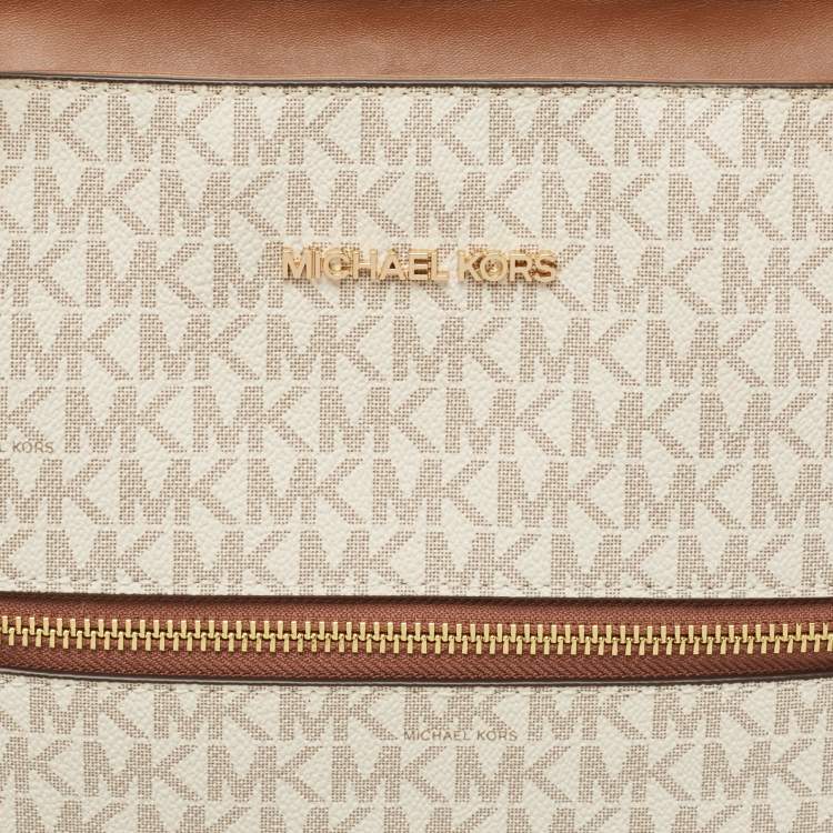 Pre Owned Michael Kors White/Brown Signature Coated Canvas and Leather Large Front Zip Chain Tote