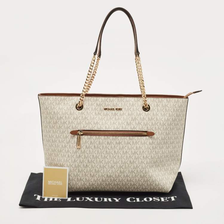 Pre Owned Michael Kors White/Brown Signature Coated Canvas and Leather Large Front Zip Chain Tote