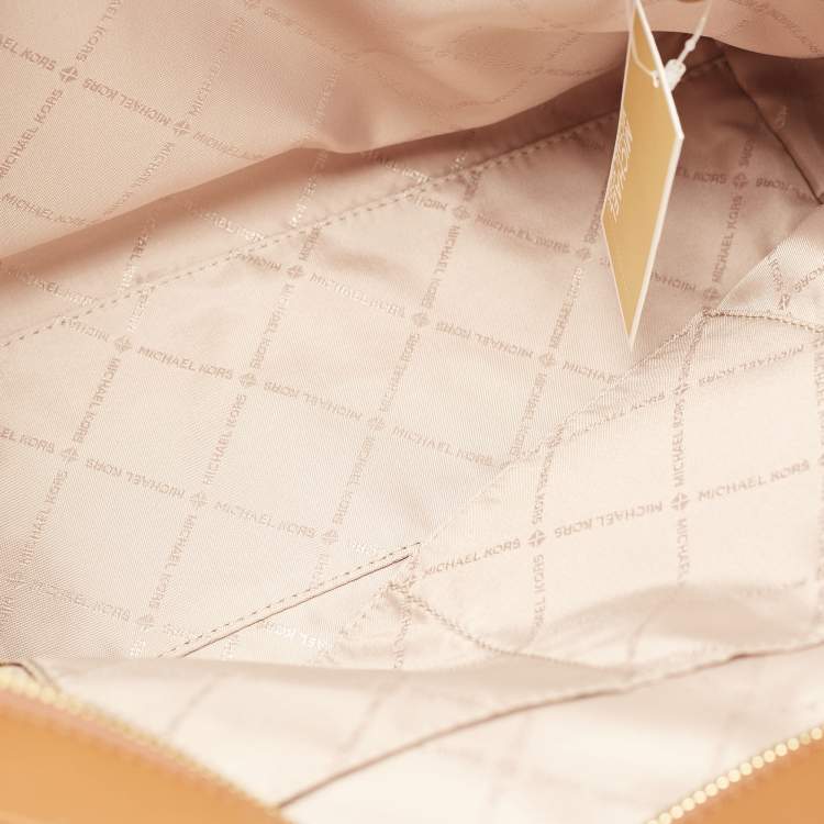 Pre Owned Michael Kors White/Brown Signature Coated Canvas and Leather Large Front Zip Chain Tote