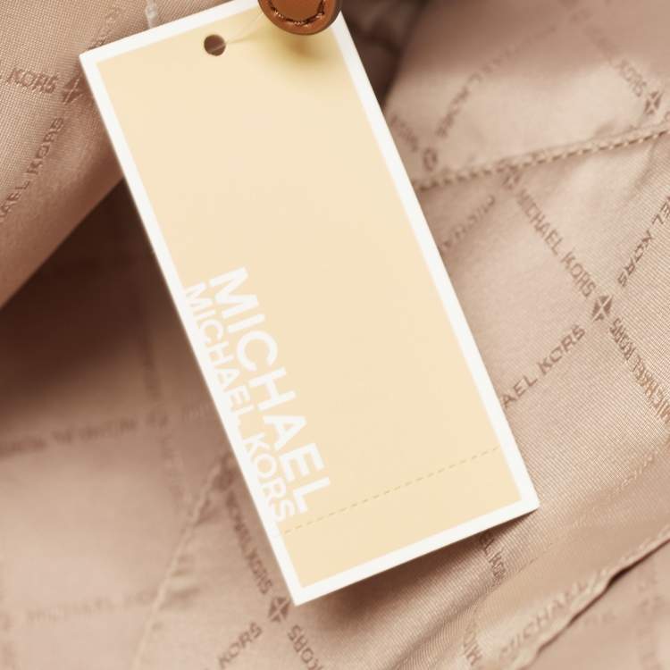 Pre Owned Michael Kors White/Brown Signature Coated Canvas and Leather Large Front Zip Chain Tote