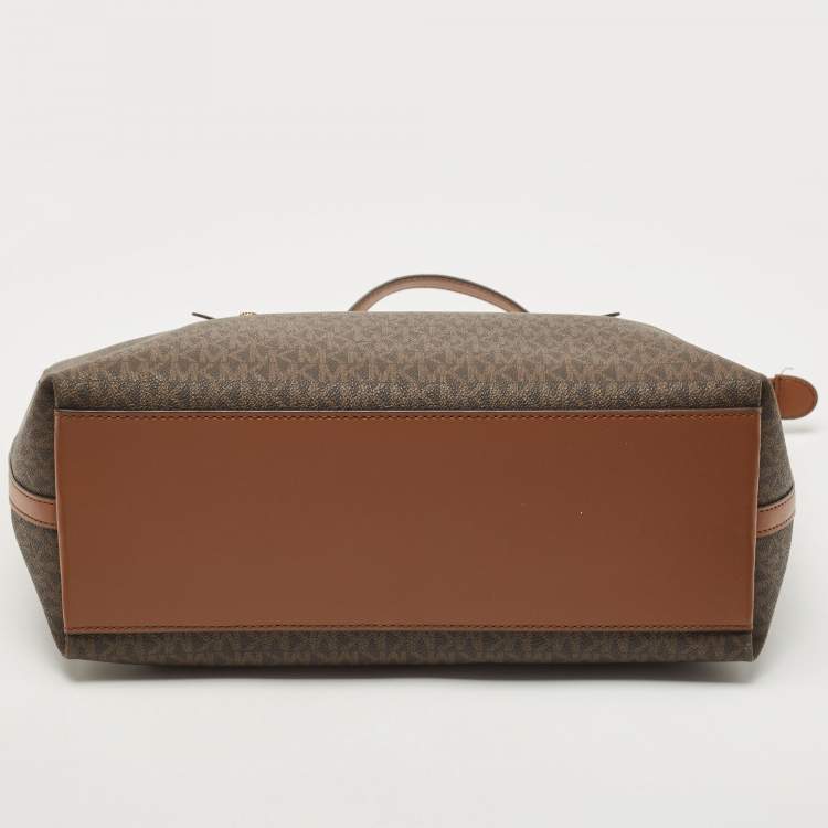 Pre Owned Michael Kors Brown Signature Coated Canvas and Leather Large Front Zip Chain Tote