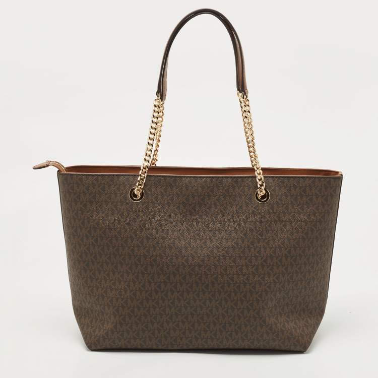 Pre Owned Michael Kors Brown Signature Coated Canvas and Leather Large Front Zip Chain Tote