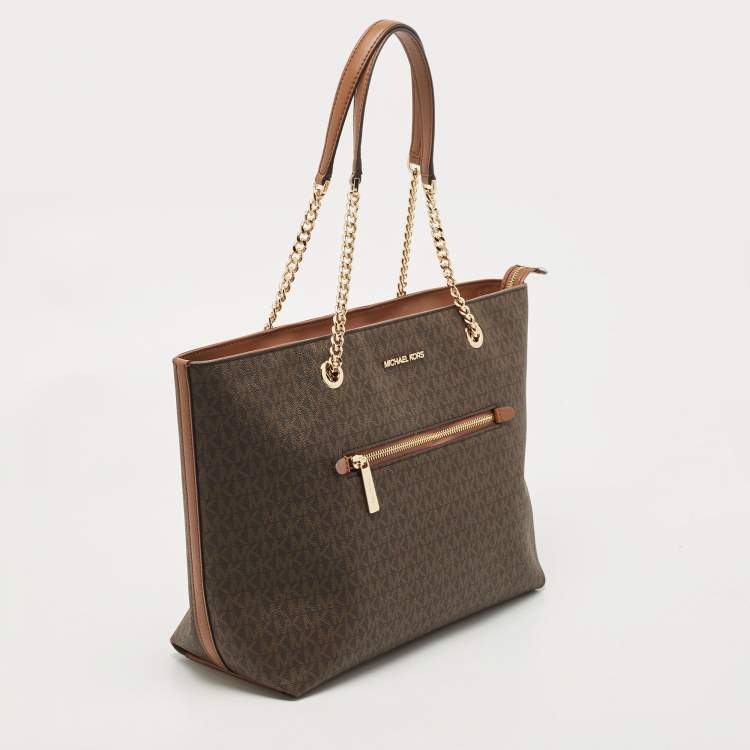 Pre Owned Michael Kors Brown Signature Coated Canvas and Leather Large Front Zip Chain Tote