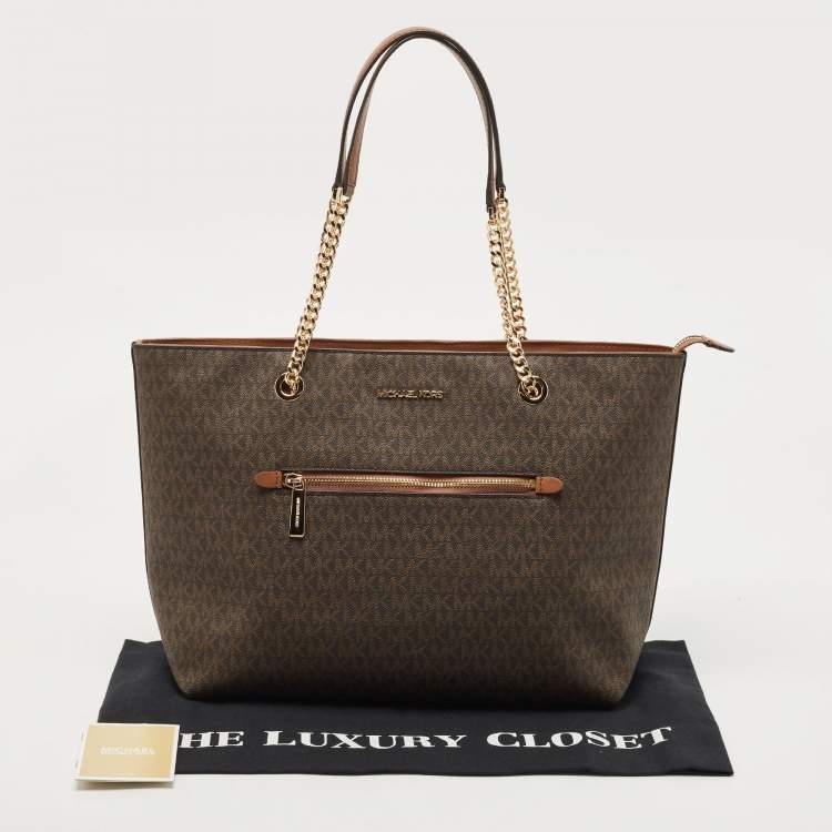 Pre Owned Michael Kors Brown Signature Coated Canvas and Leather Large Front Zip Chain Tote
