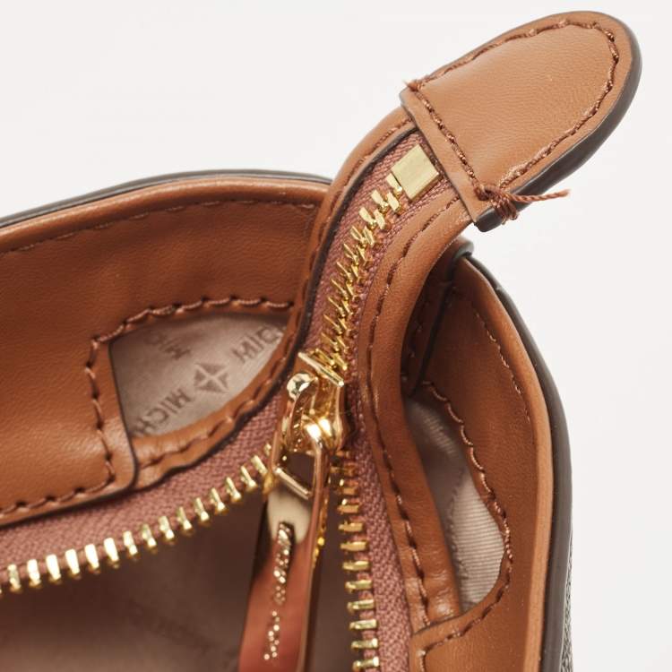 Pre Owned Michael Kors Brown Signature Coated Canvas and Leather Large Front Zip Chain Tote