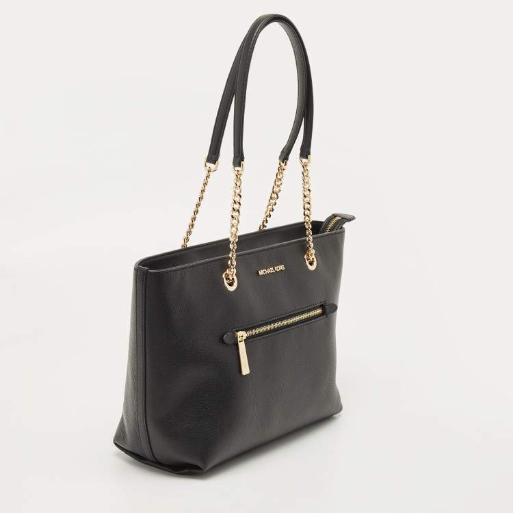 Pre Owned Michael Kors Black Leather Medium Front Zip Chain Tote