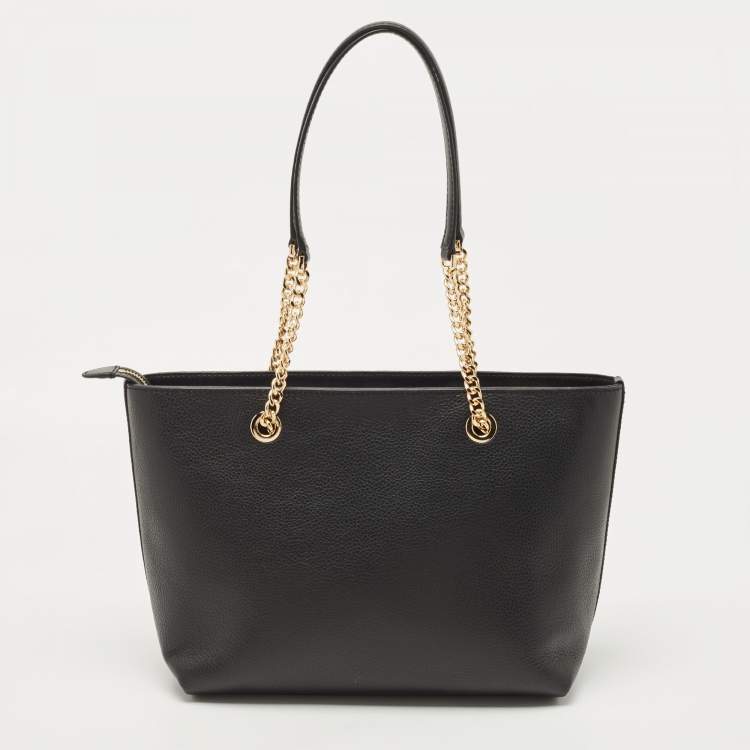 Pre Owned Michael Kors Black Leather Medium Front Zip Chain Tote