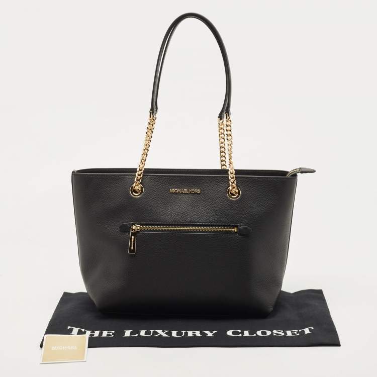 Pre Owned Michael Kors Black Leather Medium Front Zip Chain Tote