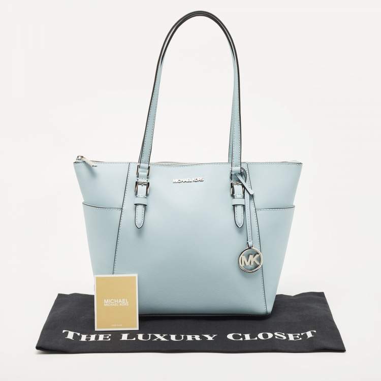 Pre Owned Michael Kors Light Blue Leather Large Charlotte Tote