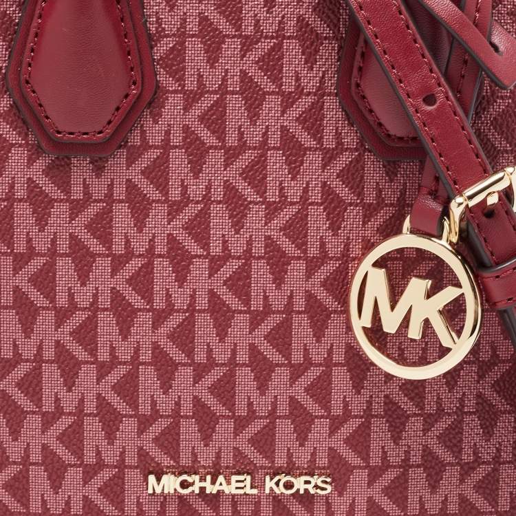 Pre Owned Michael Kors Burgundy Signature Coated Canvas and Leather XS Mercer Tote