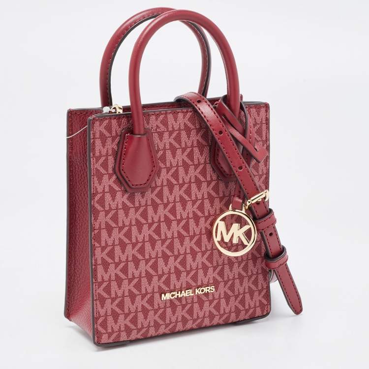 Pre Owned Michael Kors Burgundy Signature Coated Canvas and Leather XS Mercer Tote