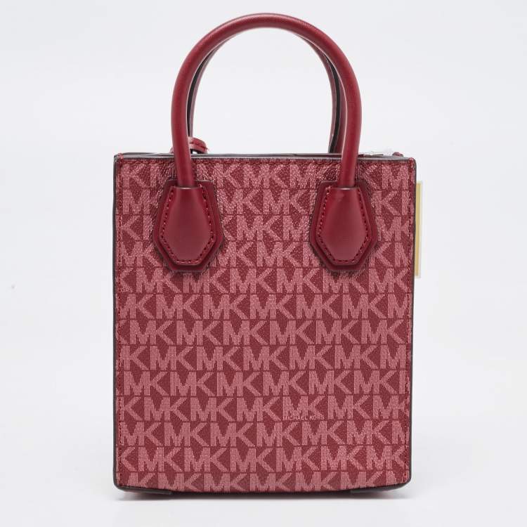 Pre Owned Michael Kors Burgundy Signature Coated Canvas and Leather XS Mercer Tote