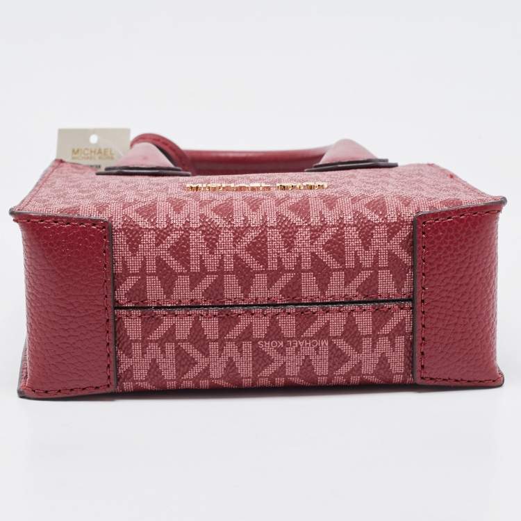 Pre Owned Michael Kors Burgundy Signature Coated Canvas and Leather XS Mercer Tote