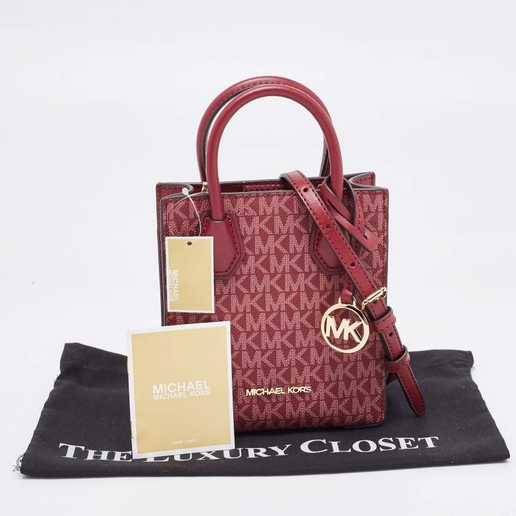 Pre Owned Michael Kors Burgundy Signature Coated Canvas and Leather XS Mercer Tote