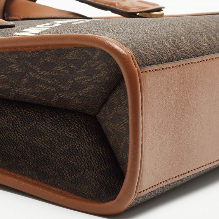 Pre Owned Michael Kors Brown/Tan Signature Coated Canvas and Leather Small Mirella Tote