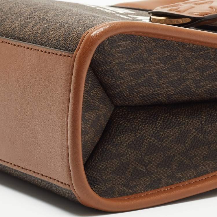 Pre Owned Michael Kors Brown/Tan Signature Coated Canvas and Leather Small Mirella Tote