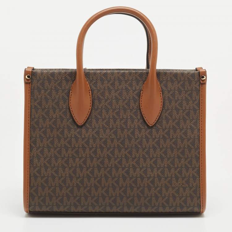 Pre Owned Michael Kors Brown/Tan Signature Coated Canvas and Leather Small Mirella Tote