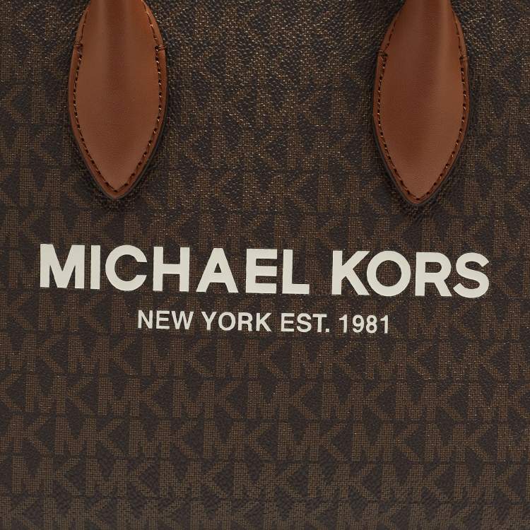 Pre Owned Michael Kors Brown/Tan Signature Coated Canvas and Leather Small Mirella Tote