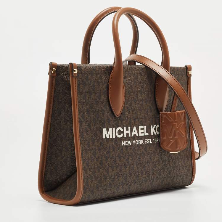 Pre Owned Michael Kors Brown/Tan Signature Coated Canvas and Leather Small Mirella Tote