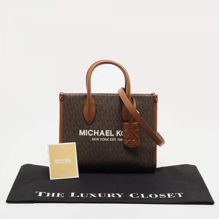 Pre Owned Michael Kors Brown/Tan Signature Coated Canvas and Leather Small Mirella Tote
