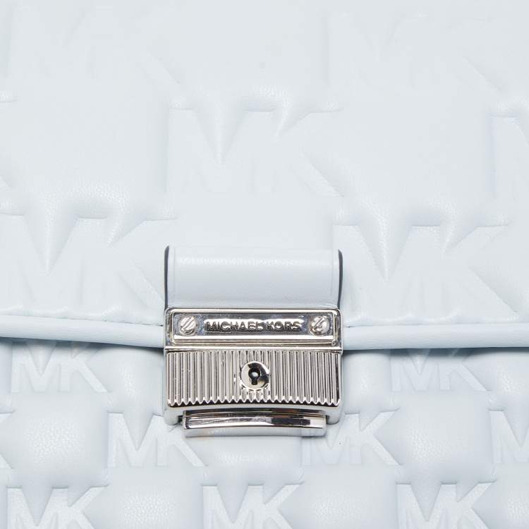 Pre Owned Michael Kors Sky Blue Signature Embossed Leather Bradshaw Convertible Shoulder Bag