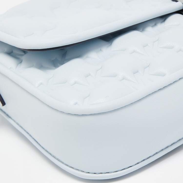 Pre Owned Michael Kors Sky Blue Signature Embossed Leather Bradshaw Convertible Shoulder Bag