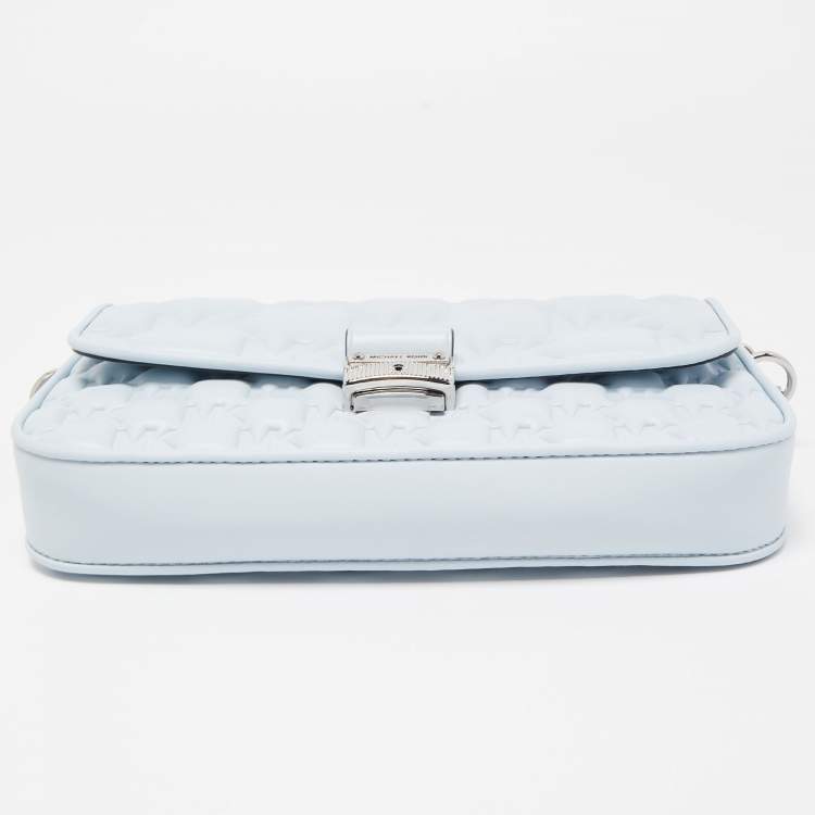 Pre Owned Michael Kors Sky Blue Signature Embossed Leather Bradshaw Convertible Shoulder Bag