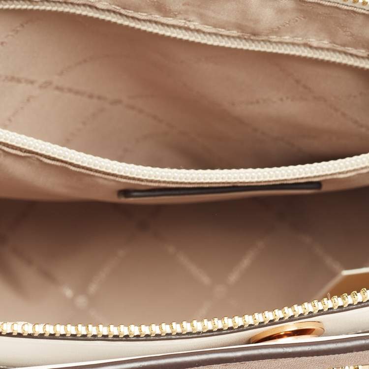 Pre Owned Michael Kors Brown/White Leather Large Hope Satchel