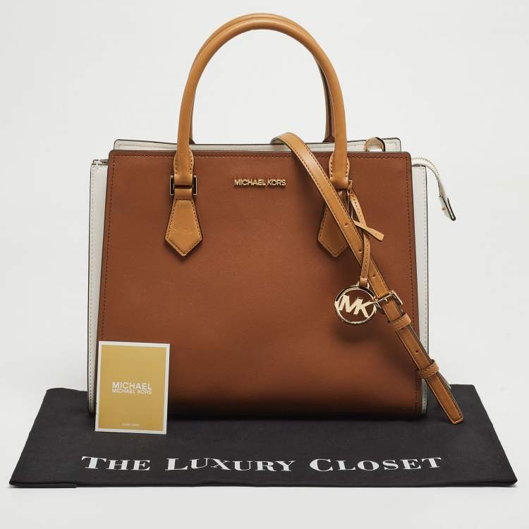 Pre Owned Michael Kors Brown/White Leather Large Hope Satchel