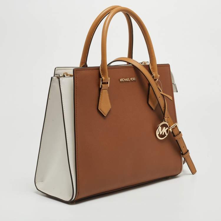 Pre Owned Michael Kors Brown/White Leather Large Hope Satchel