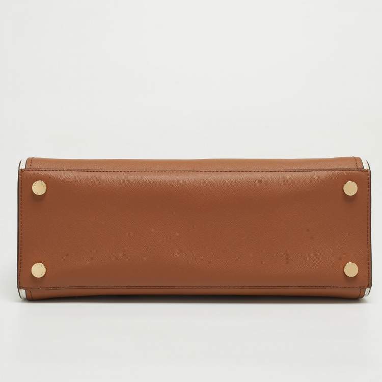 Pre Owned Michael Kors Brown/White Leather Large Hope Satchel