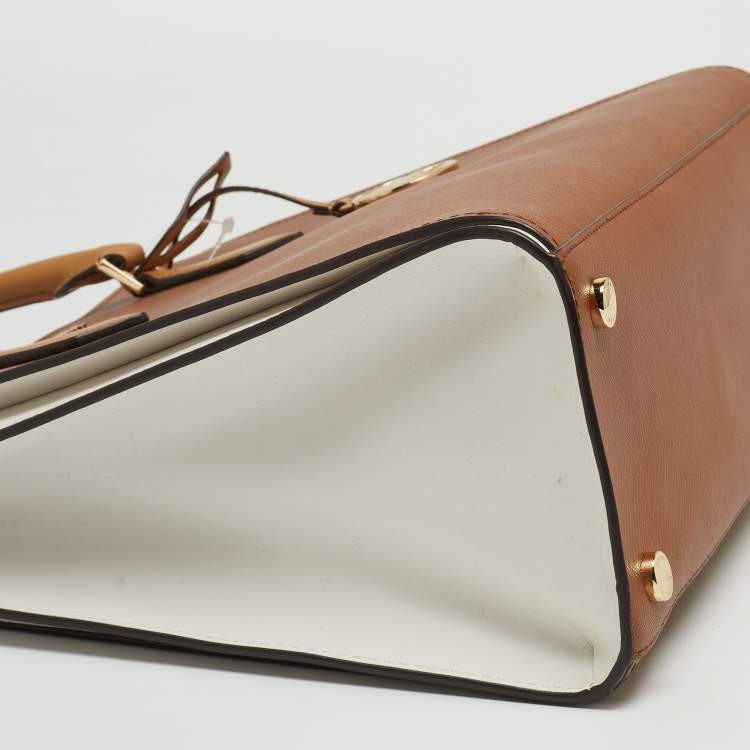 Pre Owned Michael Kors Brown/White Leather Large Hope Satchel