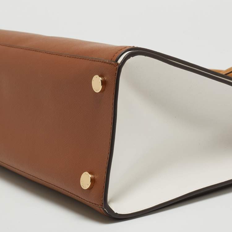 Pre Owned Michael Kors Brown/White Leather Large Hope Satchel