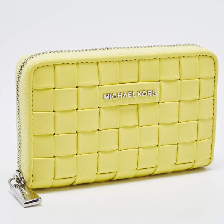 Pre Owned  Michael Kors Yellow Intrecciato Leather Zip Around Compact Wallet