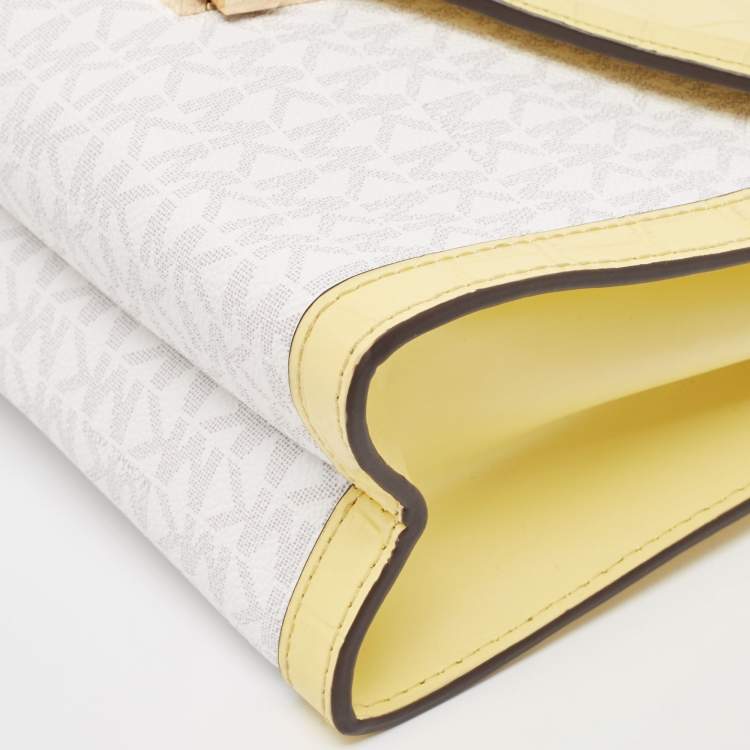 Pre Owned Michael Kors Yellow/White Coated Canvas and Croc Embossed Leather Large Whitney Shoulder Bag