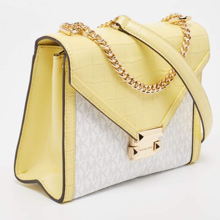 Pre Owned Michael Kors Yellow/White Coated Canvas and Croc Embossed Leather Large Whitney Shoulder Bag