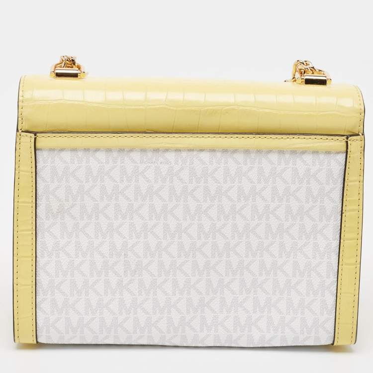 Pre Owned Michael Kors Yellow/White Coated Canvas and Croc Embossed Leather Large Whitney Shoulder Bag