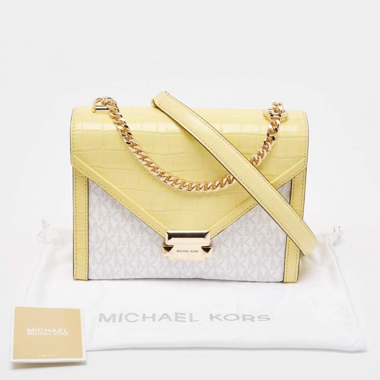 Pre Owned Michael Kors Yellow/White Coated Canvas and Croc Embossed Leather Large Whitney Shoulder Bag