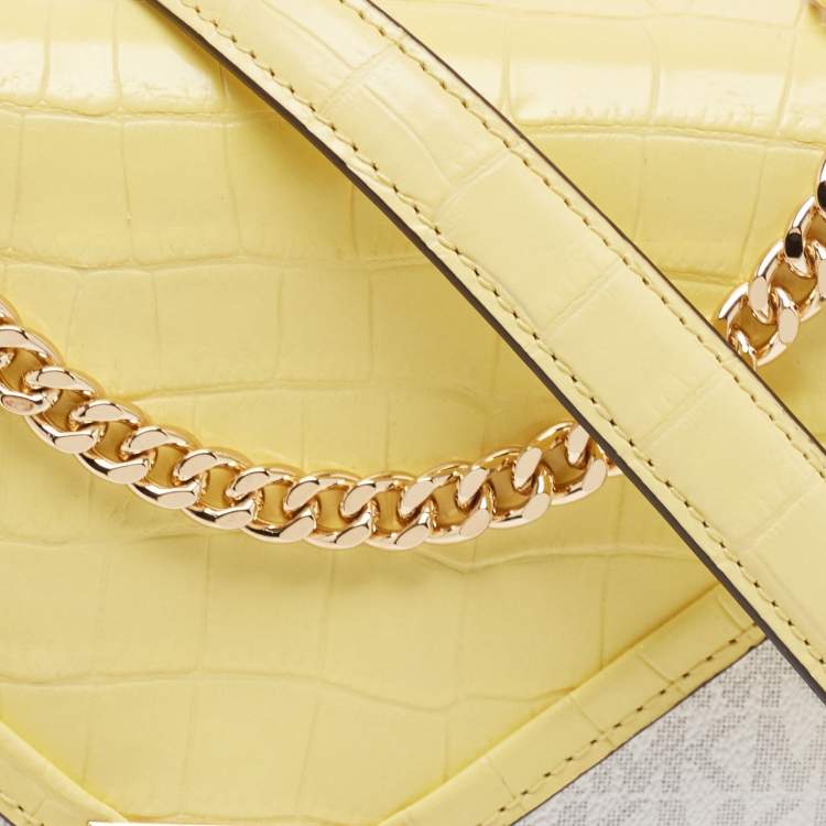 Pre Owned Michael Kors Yellow/White Coated Canvas and Croc Embossed Leather Large Whitney Shoulder Bag