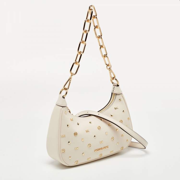Pre Owned Michael Kors Cream Leather Embellished Cora Crossbody Bag