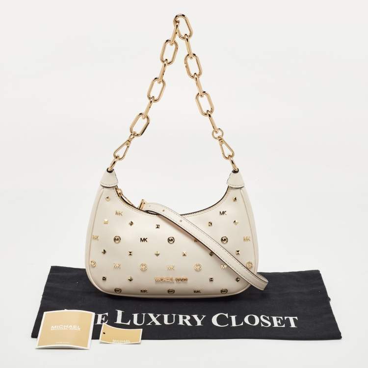 Pre Owned Michael Kors Cream Leather Embellished Cora Crossbody Bag