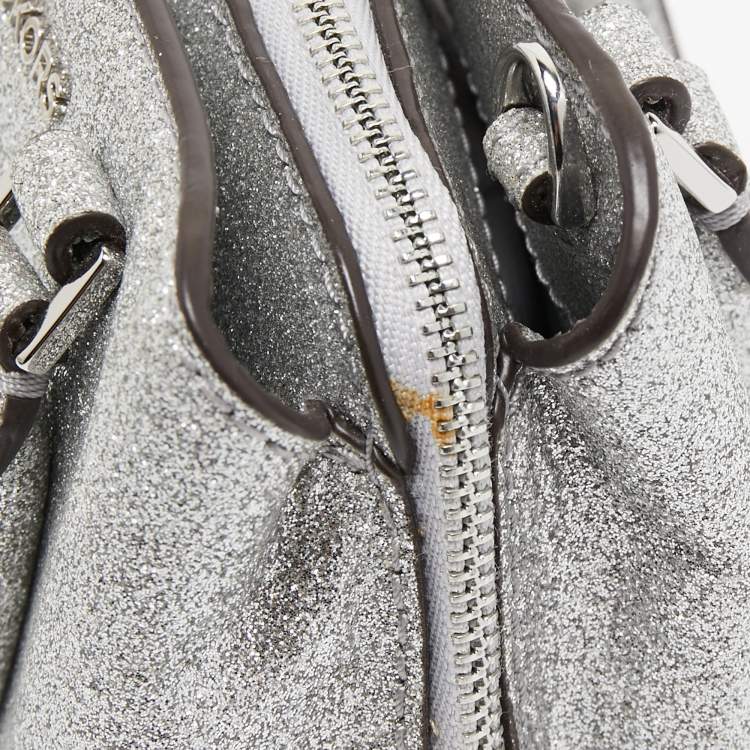 Pre Owned Michael Kors Silver Glitter Fabric XS Savannah Satchel