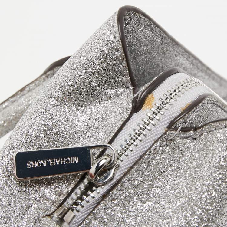 Pre Owned Michael Kors Silver Glitter Fabric XS Savannah Satchel