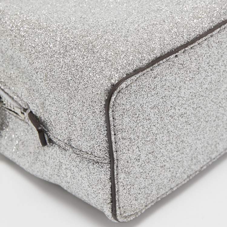 Pre Owned Michael Kors Silver Glitter Fabric XS Savannah Satchel