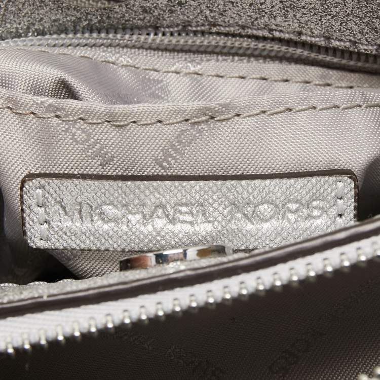 Pre Owned Michael Kors Silver Glitter Fabric XS Savannah Satchel