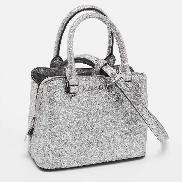Pre Owned Michael Kors Silver Glitter Fabric XS Savannah Satchel